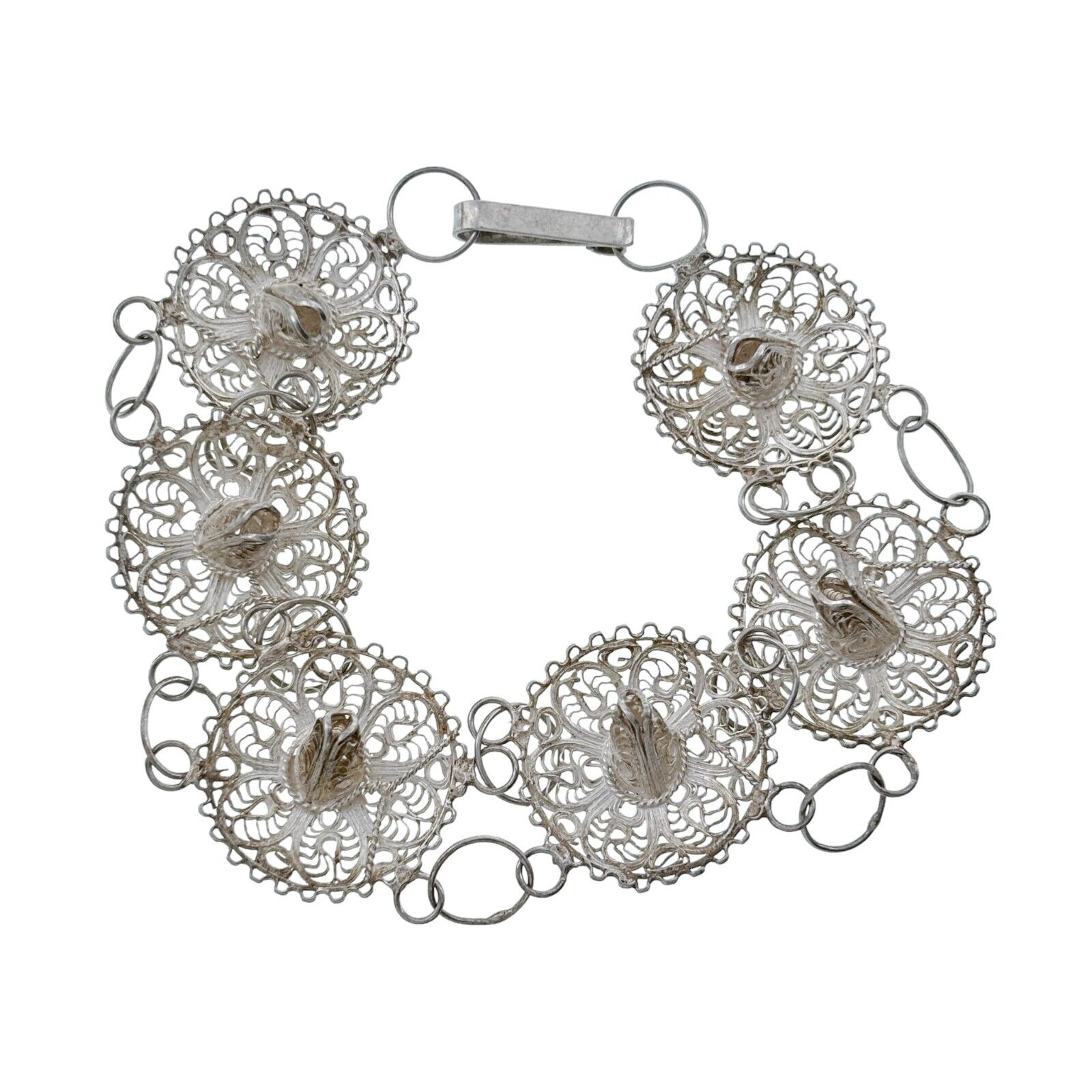 Filigree Sombrero Link Bracelet | Vintage Sterling Silver 925 | 7.75"